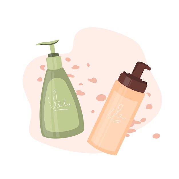 Vector botellas cosméticas sobre fondo vegetal. concepto de herramientas de belleza y cuidado de la piel, spray, eco, limpiador.