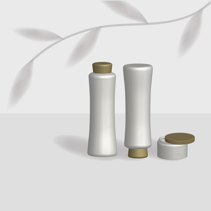 Vector botellas para cosméticos champúes acondicionadores máscaras para el cabello visualización 3d