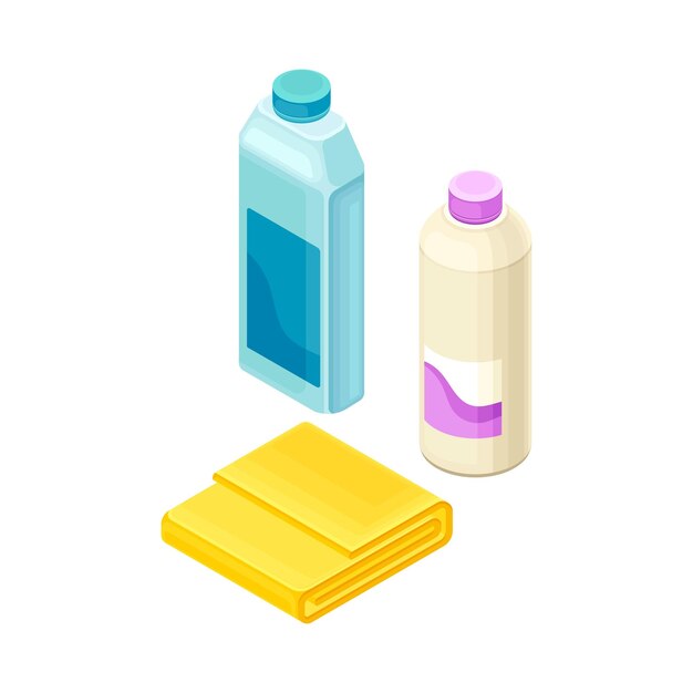 Botellas de detergente y tela absorbente como equipos de limpieza domésticos Composición vectorial isométrica