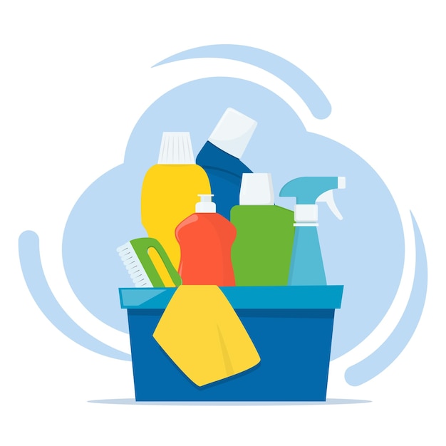 Botellas de detergentes y productos de limpieza en una caja de trapo y cepillo de limpieza concepto de servicios de limpieza ilustración vectorial estilo plano