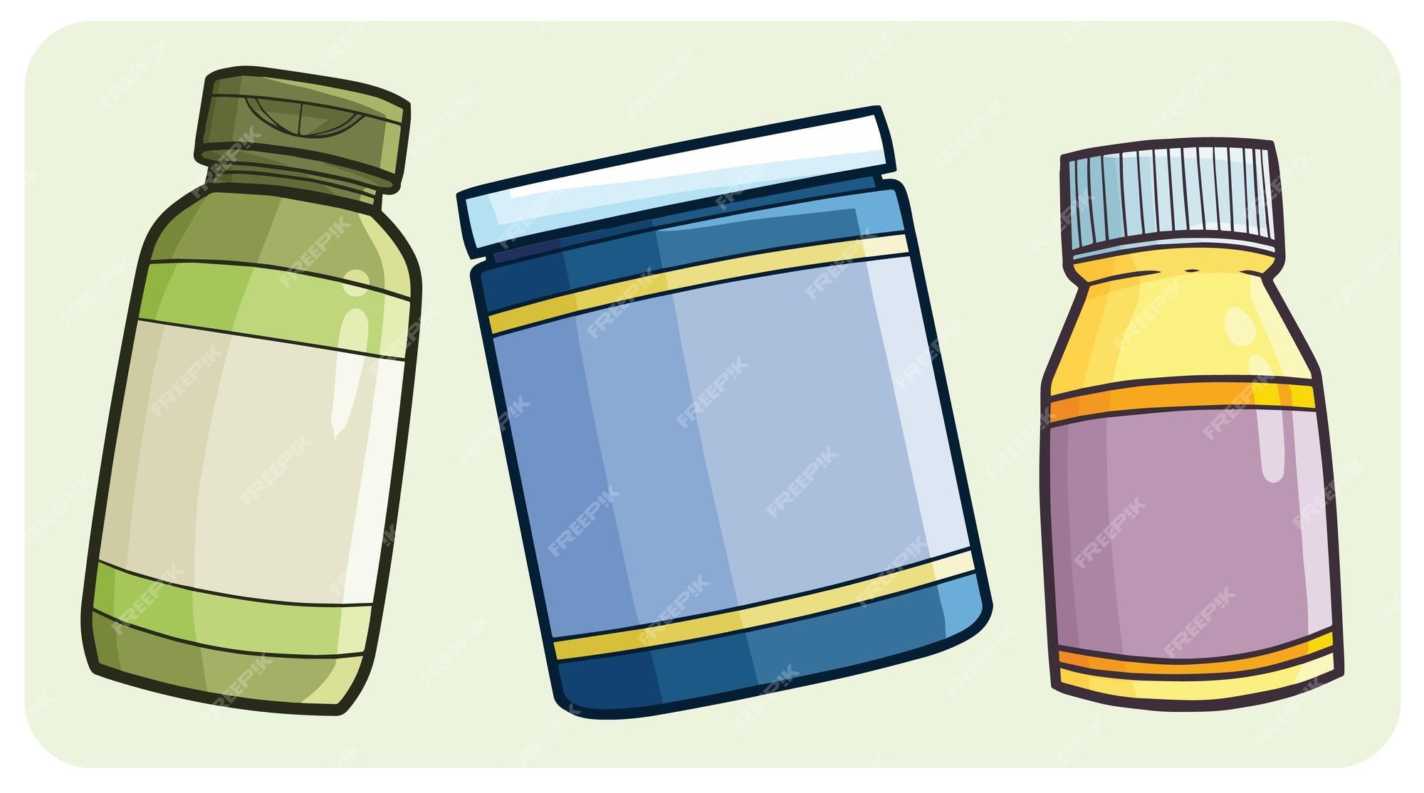 Botellas de envases de vitaminas en estilo de dibujos animados | Vector  Premium