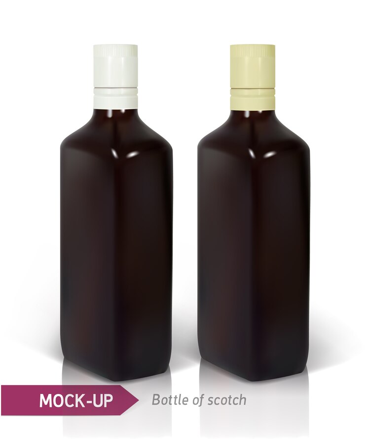 Vector botellas escocesas cuadradas realistas oscuras aisladas en blanco con la reflexión. diseño de botellas con bebidas fuertes como whisky, whisky, brandy, etc.