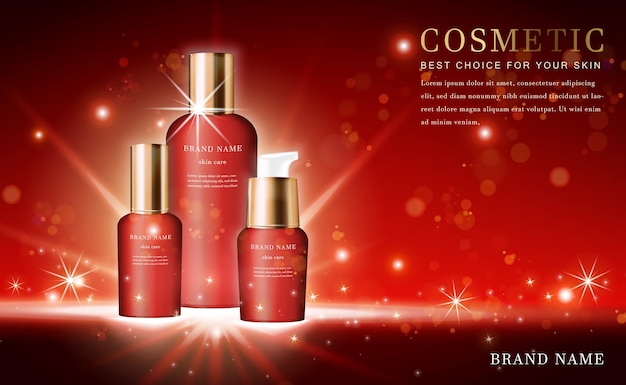 Botellas de esencia de producto cosmético 3D con rojo brillante