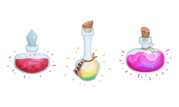 Botellas y frascos de vidrio con poción tapados con un conjunto vectorial de tapas de botella