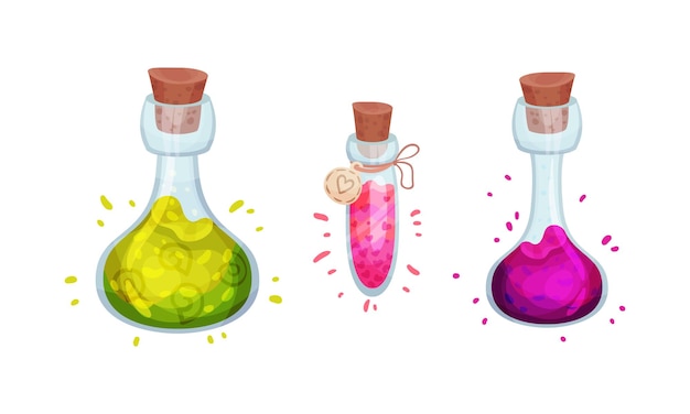 Botellas y frascos de vidrio con poción tapados con un conjunto vectorial de tapas de botella
