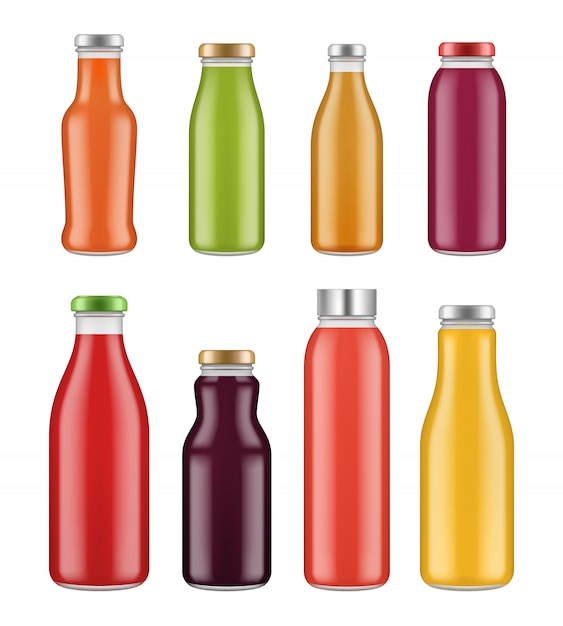 Vector botellas de jugo frascos y envases transparentes para bebidas y alimentos líquidos coloreados.