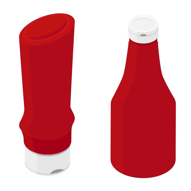 Botellas de ketchup de tomate aisladas sobre un fondo blanco Vector de vista isométrica