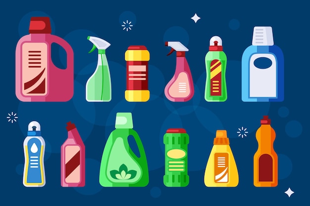 Vector botellas de limpieza. detergente líquido químico sanitario en envases de plástico.