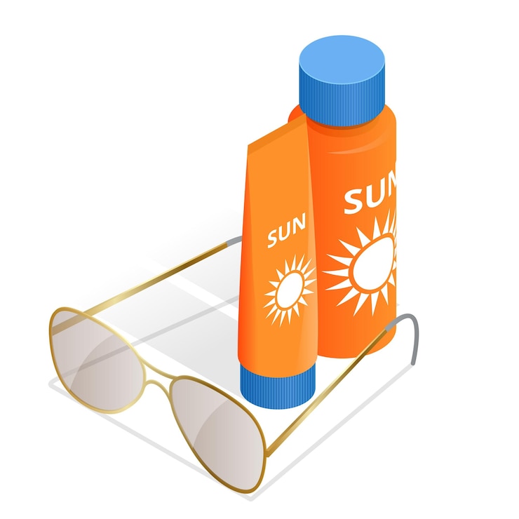 Vector botellas de loción de protección solar y gafas de sol. contenedor de tubo de crema solar aislado sobre fondo blanco brillante. concepto de verano, bronceado y protección solar.