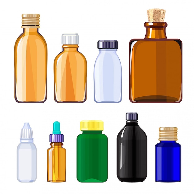 Botellas para medicamentos y pastillas. Botellas médicas para medicamentos líquidos.