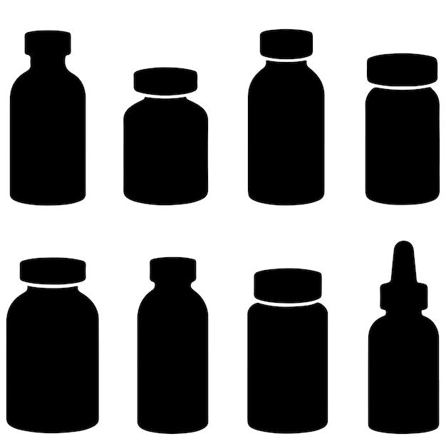 Botellas de medicamentos de silueta negra Botellas de medicina de silueta negro con pastillas y cápsulas Ja