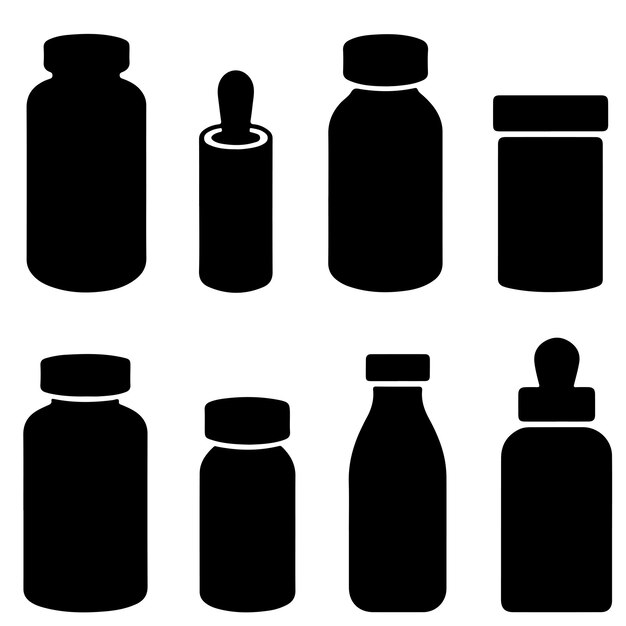 Botellas de medicamentos de silueta negra Botellas de medicina de silueta negro con pastillas y cápsulas Ja