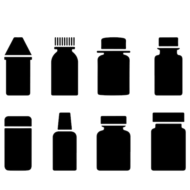Botellas de medicamentos de silueta negra Botellas de medicina de silueta negro con pastillas y cápsulas Ja