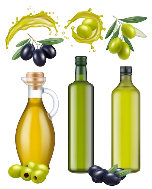 Vector botellas de oliva. paquete de vidrio de aceite productos naturales saludables para cocinar alimentos aceitunas griegas verdes y negras vector plantilla realista