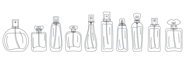 Botellas de perfume un conjunto de líneas ilustración vectorial de botellas de perfumes iconos en estilo continuo
