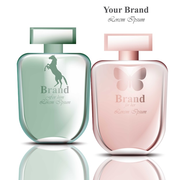 Botellas de perfume para hombres y mujeres. Diseños de envases de productos realistas