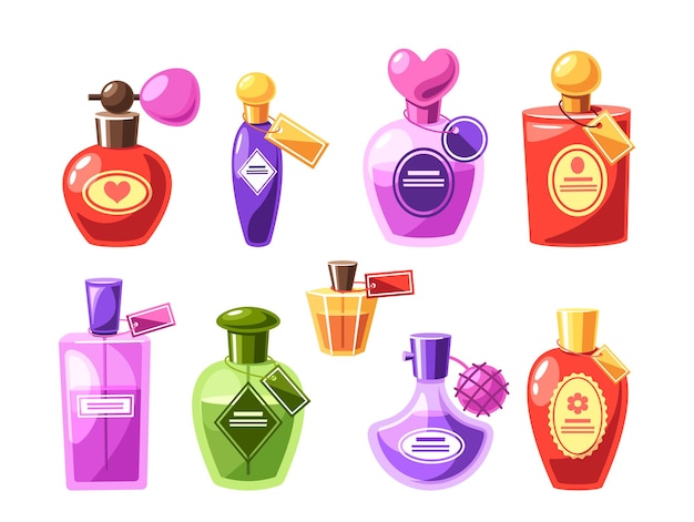 Botellas de perfume de varios colores y diseños Viales vectoriales con una forma única y un tono vibrante