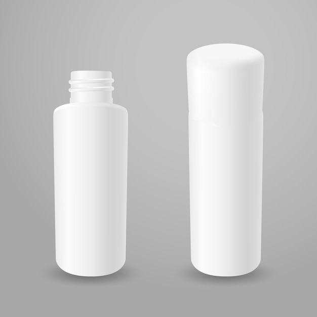 Botellas de plástico blancas abiertas y cerradas