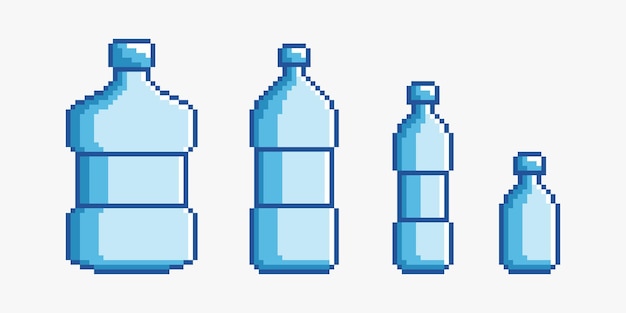 Botellas de plástico en estilo pixel art.