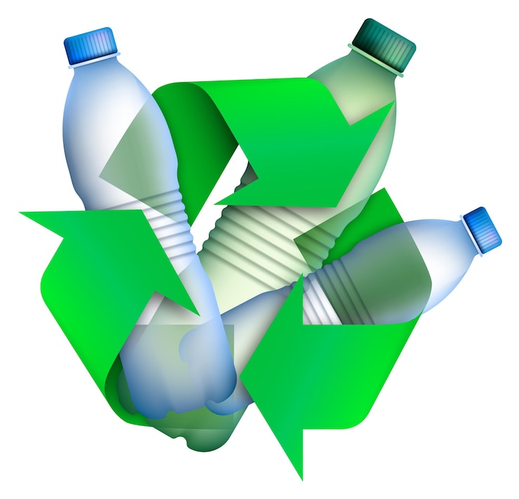 Vector botellas de plástico con señales de flecha para el reciclaje de residuos, materias primas usadas. cuidado del medio ambiente. tecnologías modernas verdes. vector aislado sobre fondo blanco