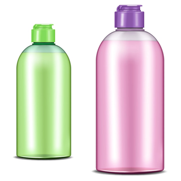 Vector botellas de plástico con tapa abatible de rosca llenas de líquido conjunto de colores fácil de cambiar de color