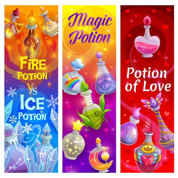 Botellas de poción de amor pancartas alquimia de veneno mágico
