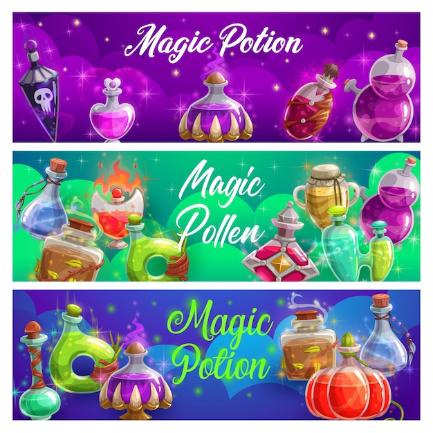 Botellas de poción mágica vector banners elixir mágico