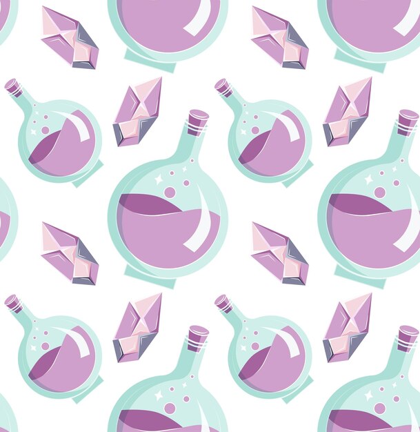 Botellas con poción rosa y cristales mágicos Patrón vectorial sin costuras para fondos e impresiones