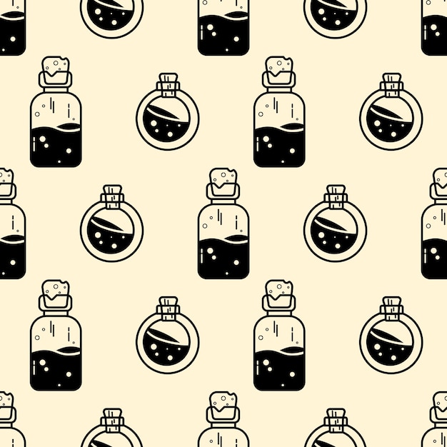Botellas de poción siluetas negras de patrones sin fisuras concepto de Halloween ilustración plana Vector