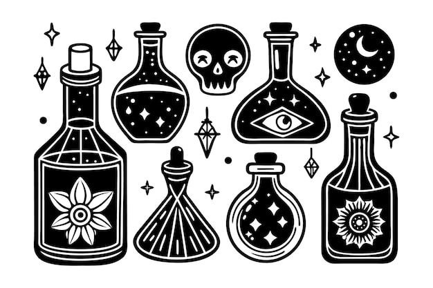 Botellas de pociones mágicas y símbolos de brujería