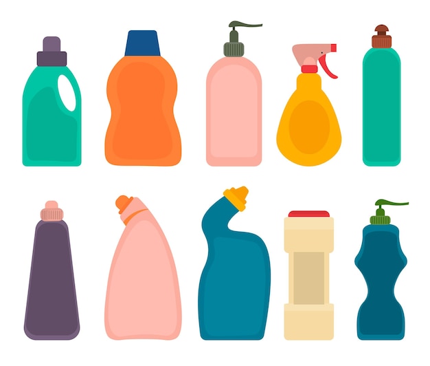 Botellas de productos detergentes. Juego de embalaje de plástico para limpieza de casas, objetos de limpieza más limpios