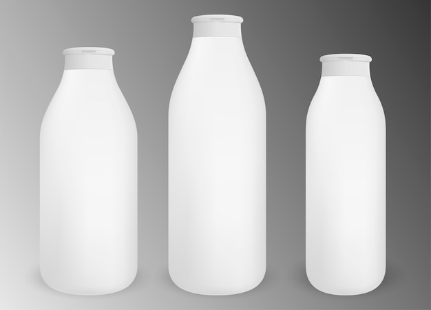 Vector botellas redondas blancas en blanco de diferentes tamaños para productos cosméticos