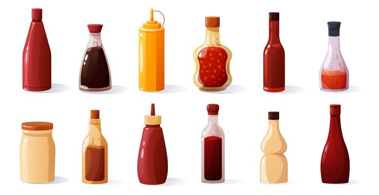 Vector botellas de salsa de dibujos animados ketchup picante tradicional mayonesa mostaza salsa de soja envasado ingredientes de condimento de comida rápida para barbacoa conjunto vectorial