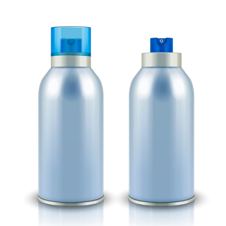 Vector botellas de spray en blanco en estilo 3d sobre superficie blanca