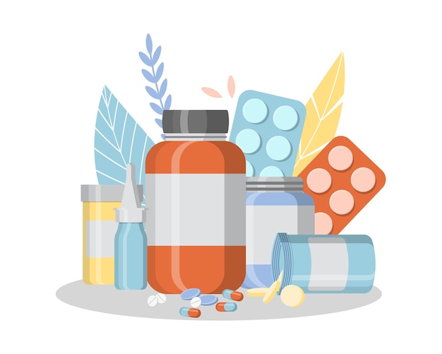 Vector botellas de tabletas de vitaminas pastillas para farmacia de tratamiento de resfriado estacional