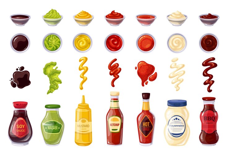 Vector botellas y tazones de salsas, salsa de soja, ketchup, mayonesa, wasabi, ají picante, mostaza, barbacoa, tiras para salpicaduras, gotas y manchas