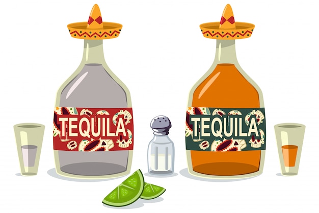 Botellas de tequila y vasos con rodajas de limón y sal. dibujos animados iconos planos de bebida alcohólica mexicana aislado sobre un fondo blanco.