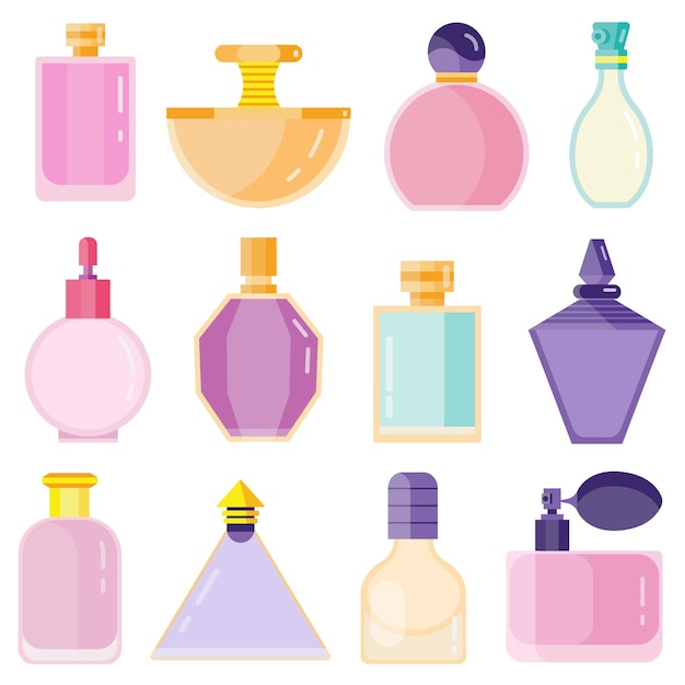 Botellas de tocador de perfume vacías en diseño plano