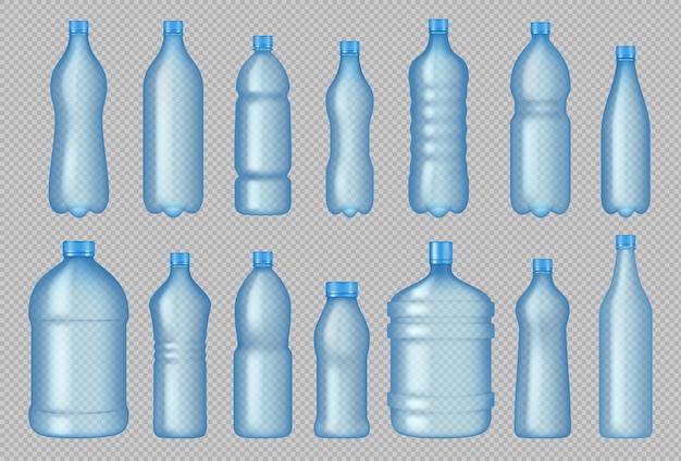 Botellas transparentes recipientes de plástico realistas para productos líquidos botellas limpias vacías para bebidas ilustraciones vectoriales decentes aisladas