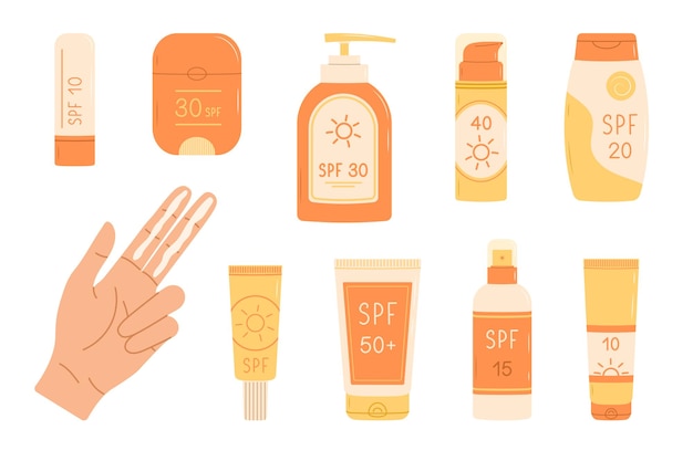 Botellas y tubos de protector solar con SPF spray de crema y bálsamo labial Mano con SPF en dos dedos