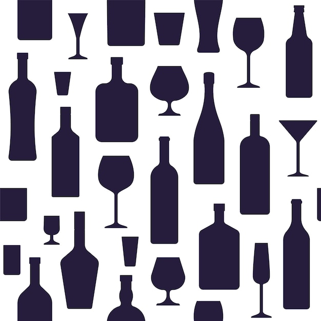 Botellas y vasos de patrones sin fisuras. Ilustración vectorial.
