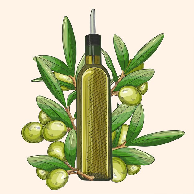 Botellas de vidrio de aceite de oliva con hojas de oliva Vector diseño de plantilla realista
