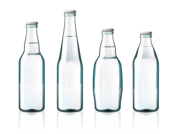 Botellas de vidrio de agua clara aisladas en blanco