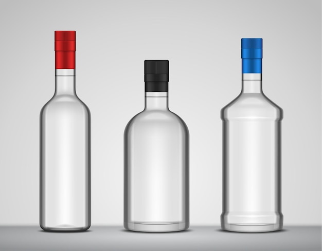 Vector botellas de vidrio de bebidas alcohólicas vectoriales con etiquetas blancas blancas