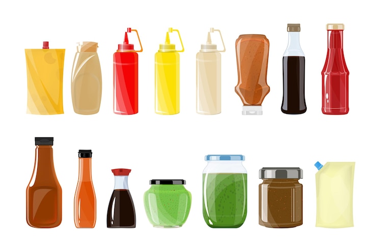 Vector botellas de vidrio y plástico en blanco y paquetes de varias salsas conjunto plano aislado ilustración vectorial