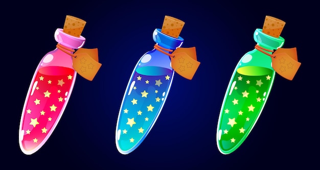 botellas de vidrio, pociones, conjunto, estrellas mágicas, elixir mágico, juego, icono, fantasía, vector, ilustración, estilo de dibujos animados