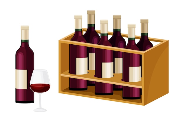 Vector botellas de vidrio de vino de uva de pie en un estante de vino de madera en la ilustración vectorial de la bodega