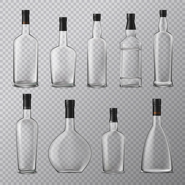 Botellas de vidrio de whisky de coñac brandy con frascos de alcohol vacíos de diferentes formas en la ilustración de vector de fondo transparente