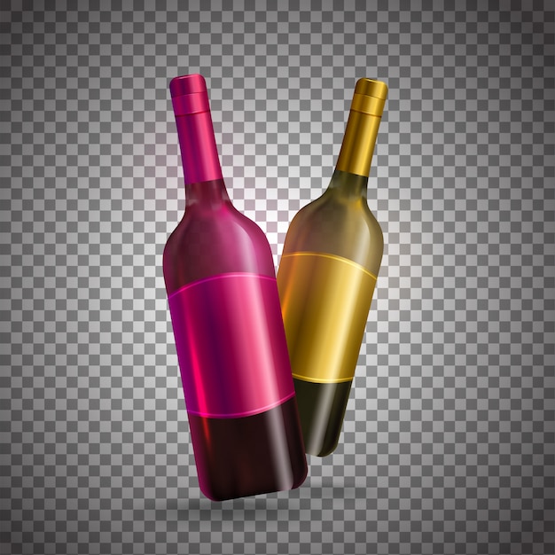 Vector botellas de vino realistas en color rosa y dorado sobre fondo transparente.