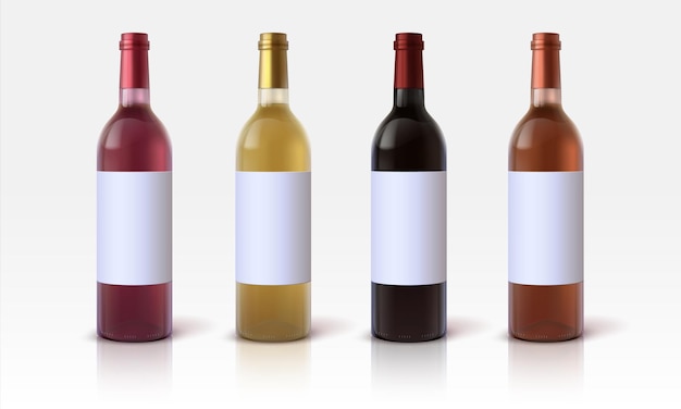 Botellas de vino realistas Maqueta de contenedores de vidrio 3D con etiquetas en blanco para marketing de marca y presentación Bebidas alcohólicas vectoriales bebidas de uva roja y blanca conjunto aislado vectorial